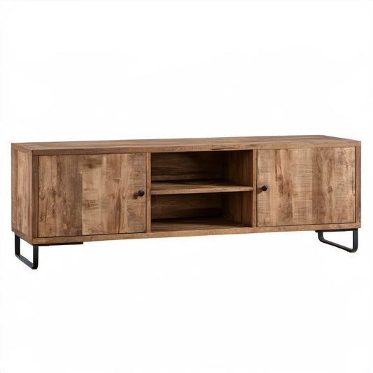 Brązowa szafka RTV z litego drewna mango 120 x 30 x 40 cm na czarnych stalowych nogach