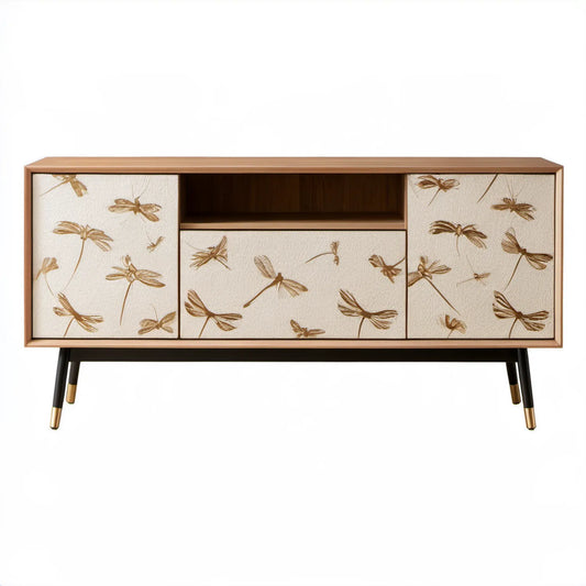 Komoda retro brązowo-kremowa z motywem ważek 160 x 40 x 75 cm MDF