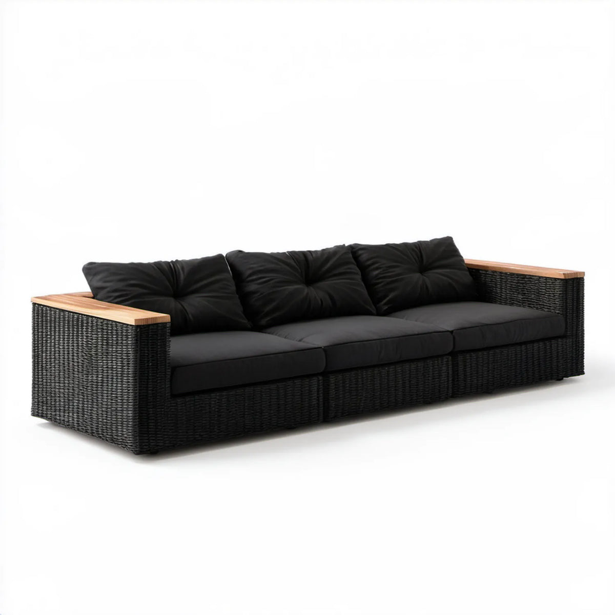 Trzyosobowa sofa ogrodowa z technorattanu PE, czarna z naturalnym brązem, 210 x 80 x 70 cm