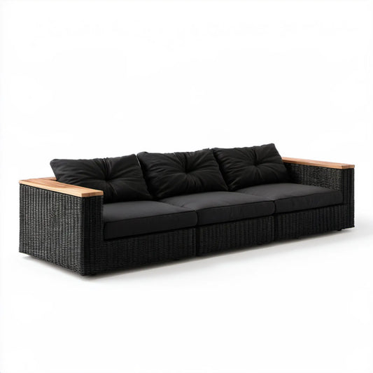 Trzyosobowa sofa ogrodowa z technorattanu PE, czarna z naturalnym brązem, 210 x 80 x 70 cm
