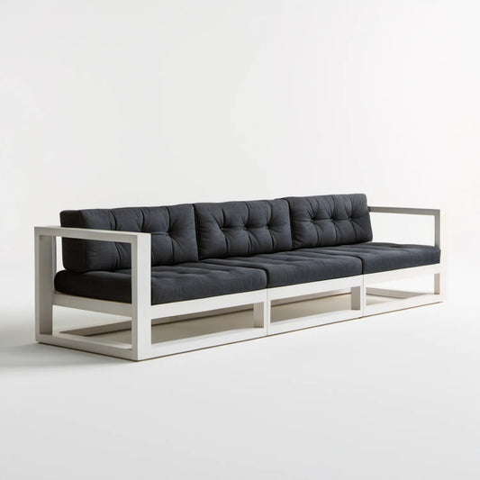 Trzyosobowa sofa ogrodowa z czarnymi poduszkami i białą ramą aluminiową, 210 × 75 × 70 cm
