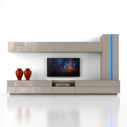 Zestaw mebli RTV do salonu szarobrązowy/niebieski z oświetleniem LED, 330 × 45 × 210 cm