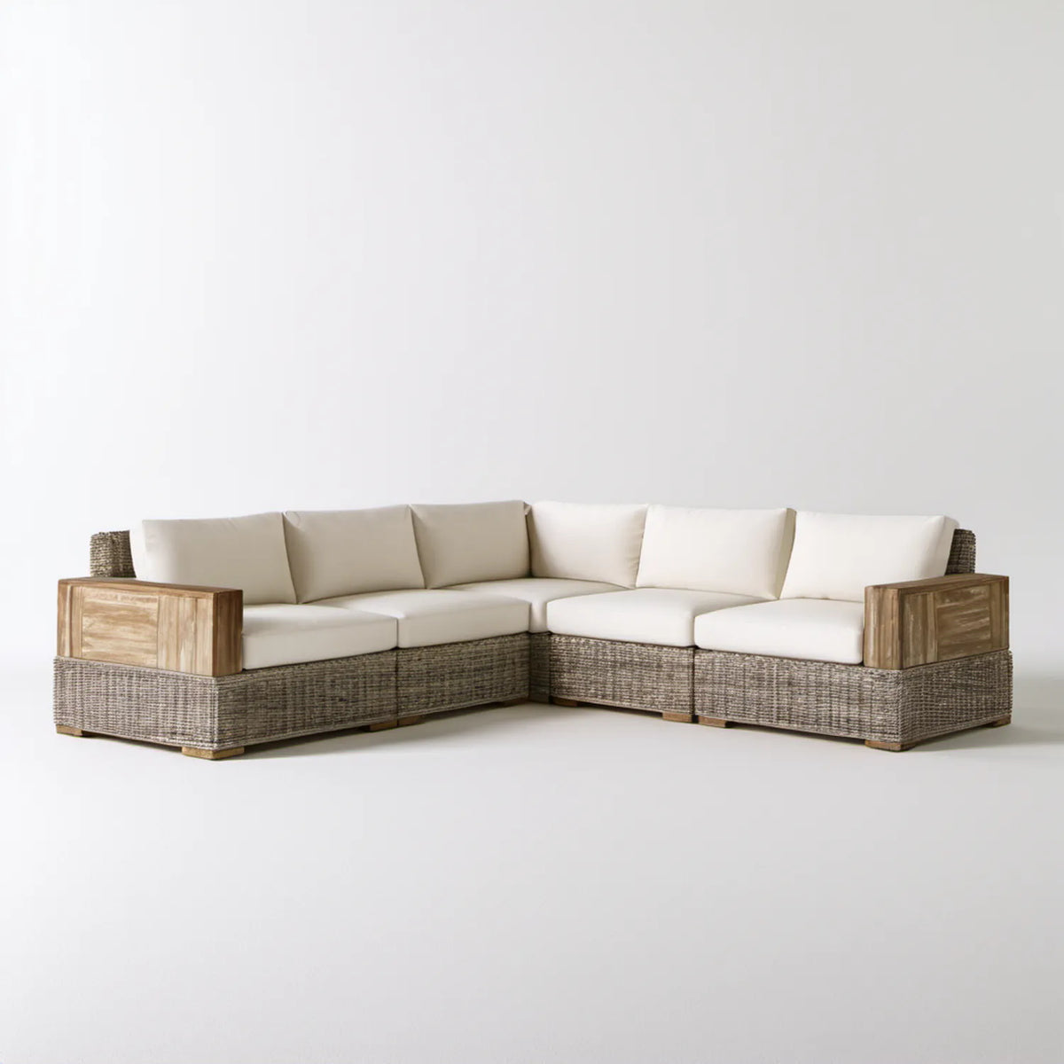 Modułowa sofa narożna ogrodowa 5-osobowa beżowo-brązowa 280 x 280 x 85 cm z technorattanu PE i drewna akacjowego