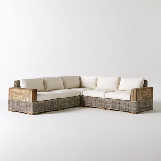 Modułowa sofa narożna ogrodowa 5-osobowa beżowo-brązowa 280 x 280 x 85 cm z technorattanu PE i drewna akacjowego