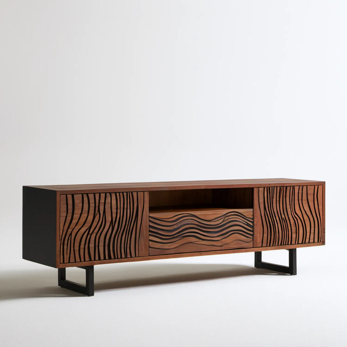 Szafka RTV z forniru orzechowego z czarnymi stalowymi nogami, 180 x 40 x 55 cm