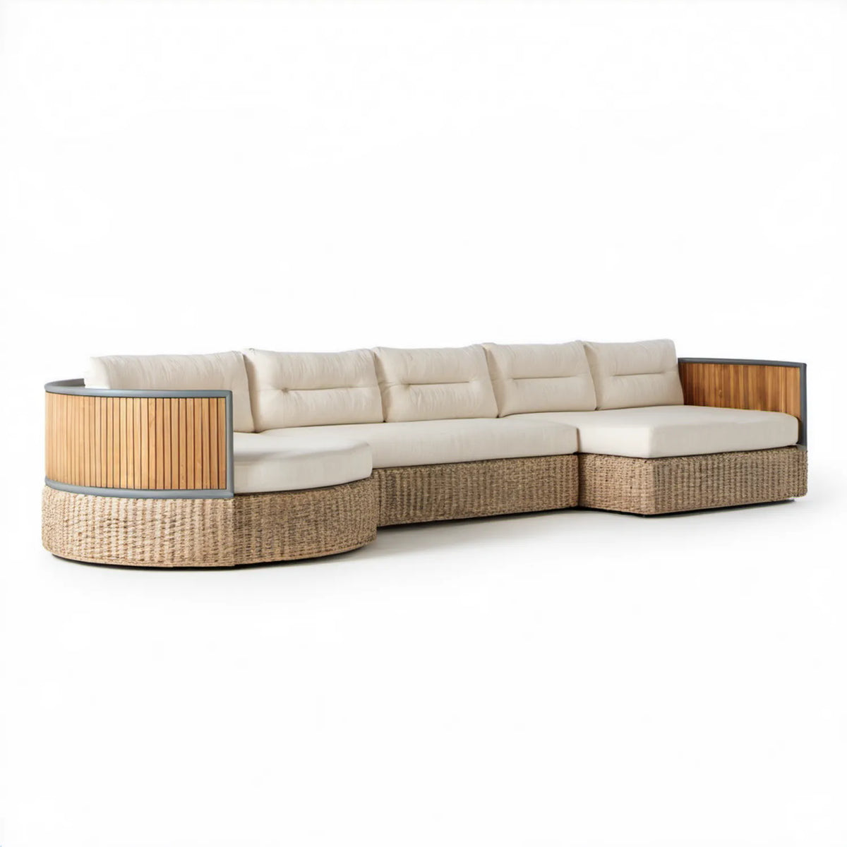 Półokrągła narożna sofa ogrodowa 4-osobowa beżowa z technorattanu, aluminium i drewna tekowego, 315 x 175 x 75 cm