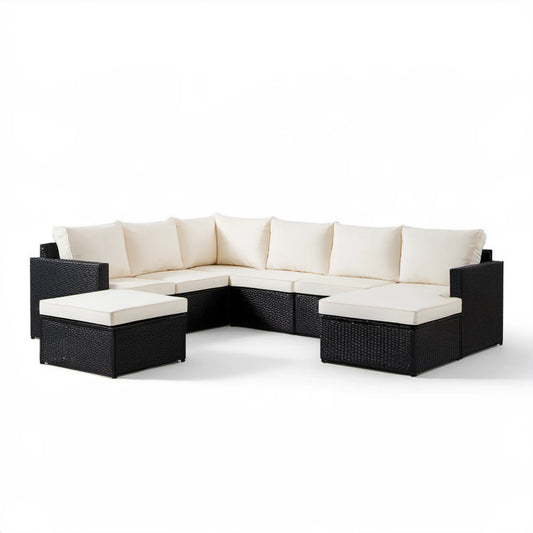 7-częściowy narożny komplet ogrodowy w kształcie U 280 x 210 x 63 cm Czarny/Kremowy, rattan PE i stal
