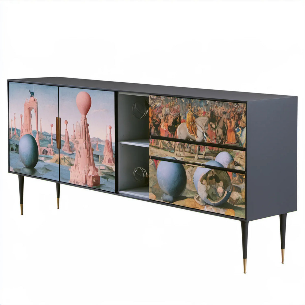 Czarna komoda 160 x 40 x 85 cm z dekoracyjnym nadrukiem i złotymi detalami