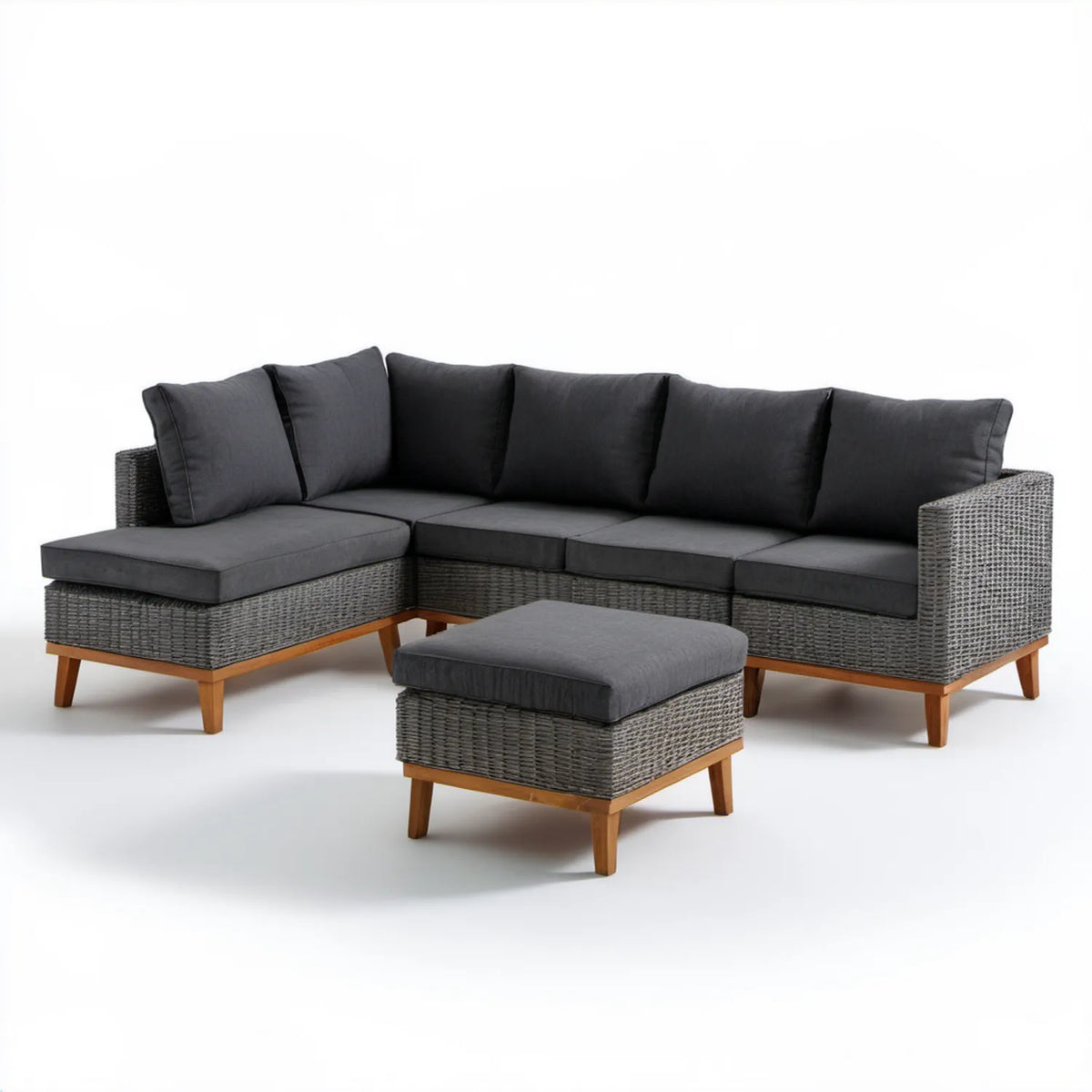 Narożnik ogrodowy z pufą z plecionki PE i drewna akacjowego, grafitowo-brązowy, 230 x 160 cm
