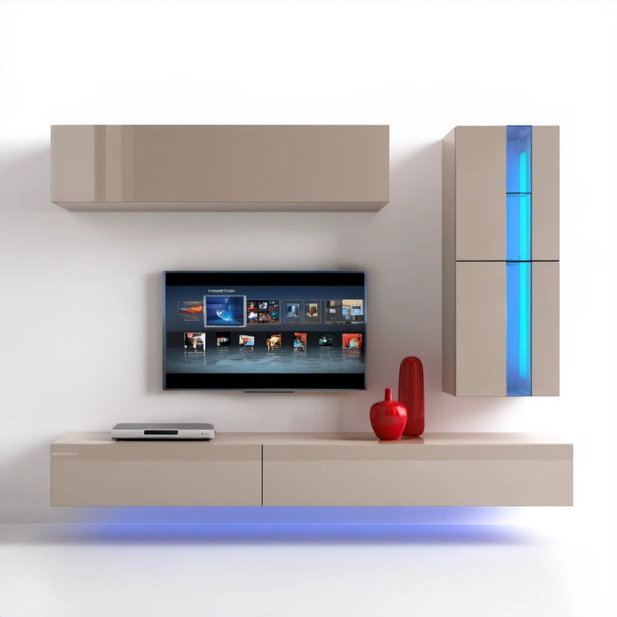 Beżowo-taupe zestaw RTV z niebieskim oświetleniem LED, 240 x 200 x 40 cm