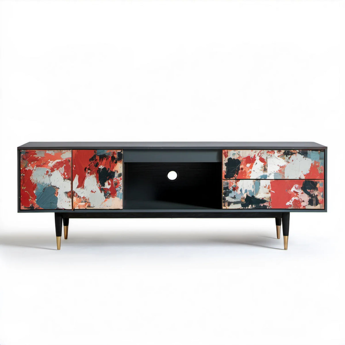 Czarna szafka RTV z abstrakcyjnym nadrukiem, MDF, 180 x 40 x 60 cm